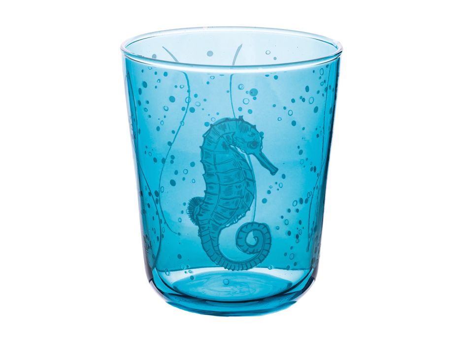 Sæt med 12 vandglas 315 ml i glas med marine dekoration - fisk Viadurini