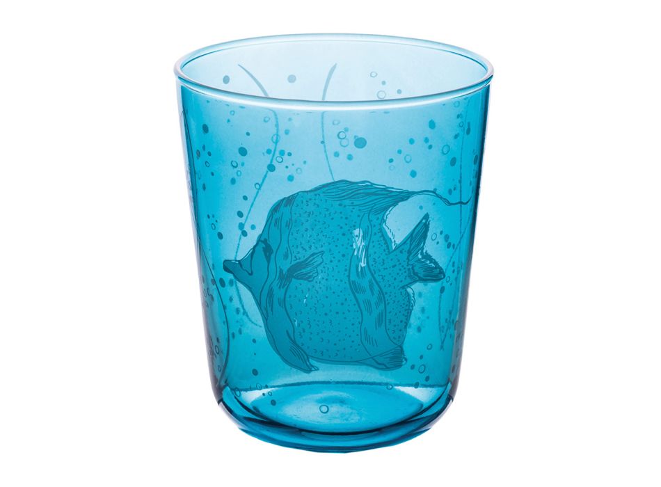 Sæt med 12 vandglas 315 ml i glas med marine dekoration - fisk Viadurini