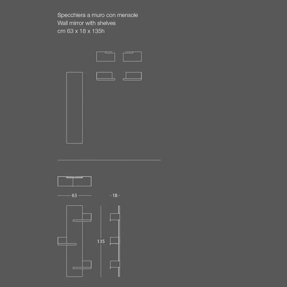 Vægspejl og 3 farvede metalhylder til højre eller venstre - Noelle Viadurini