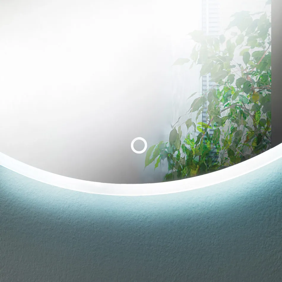 Rundt vægspejl med sandblæst kant og LED-baggrundsbelysning - Knap Viadurini