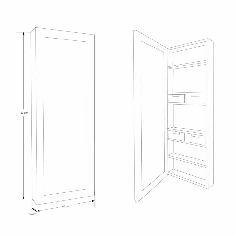 Opbevaringsspejl i teaktræ med hylder og indvendige skuffer - Ralio Viadurini
