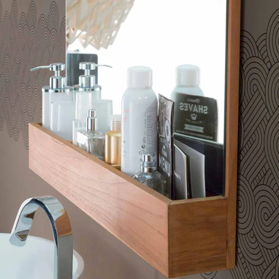 Vægspejl med struktur og opbevaringsrum i teaktræ - Palima Viadurini