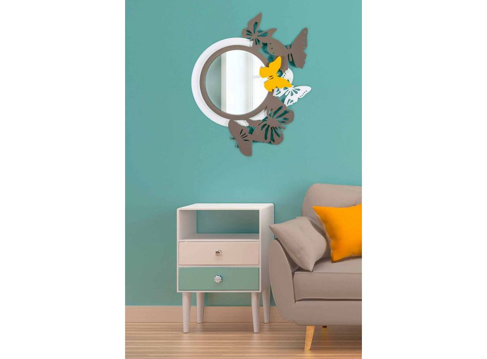 Moderne design runde spejl i farvet træ med sommerfugle - Beat Viadurini