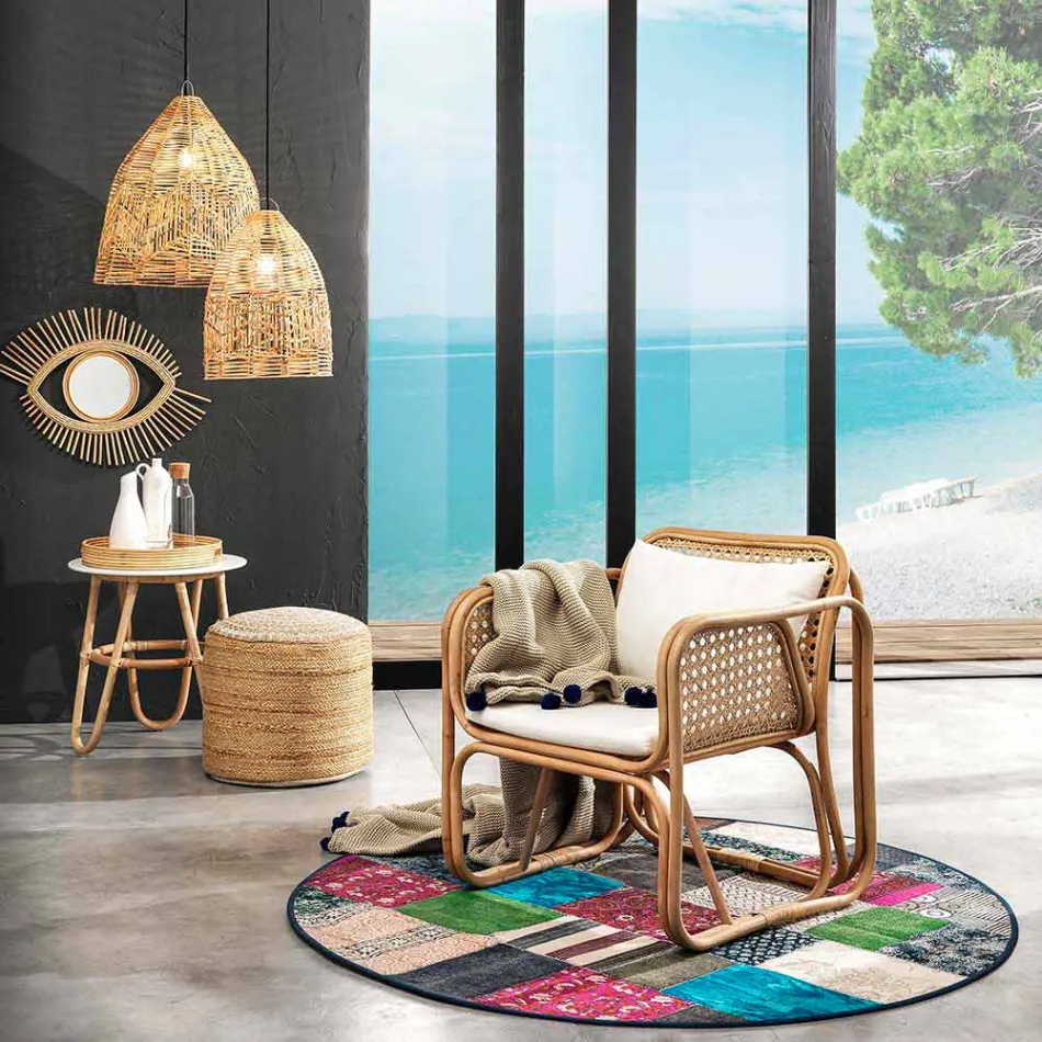 Rund etnisk tæppe i farvet bomuldsstof - fiber Viadurini