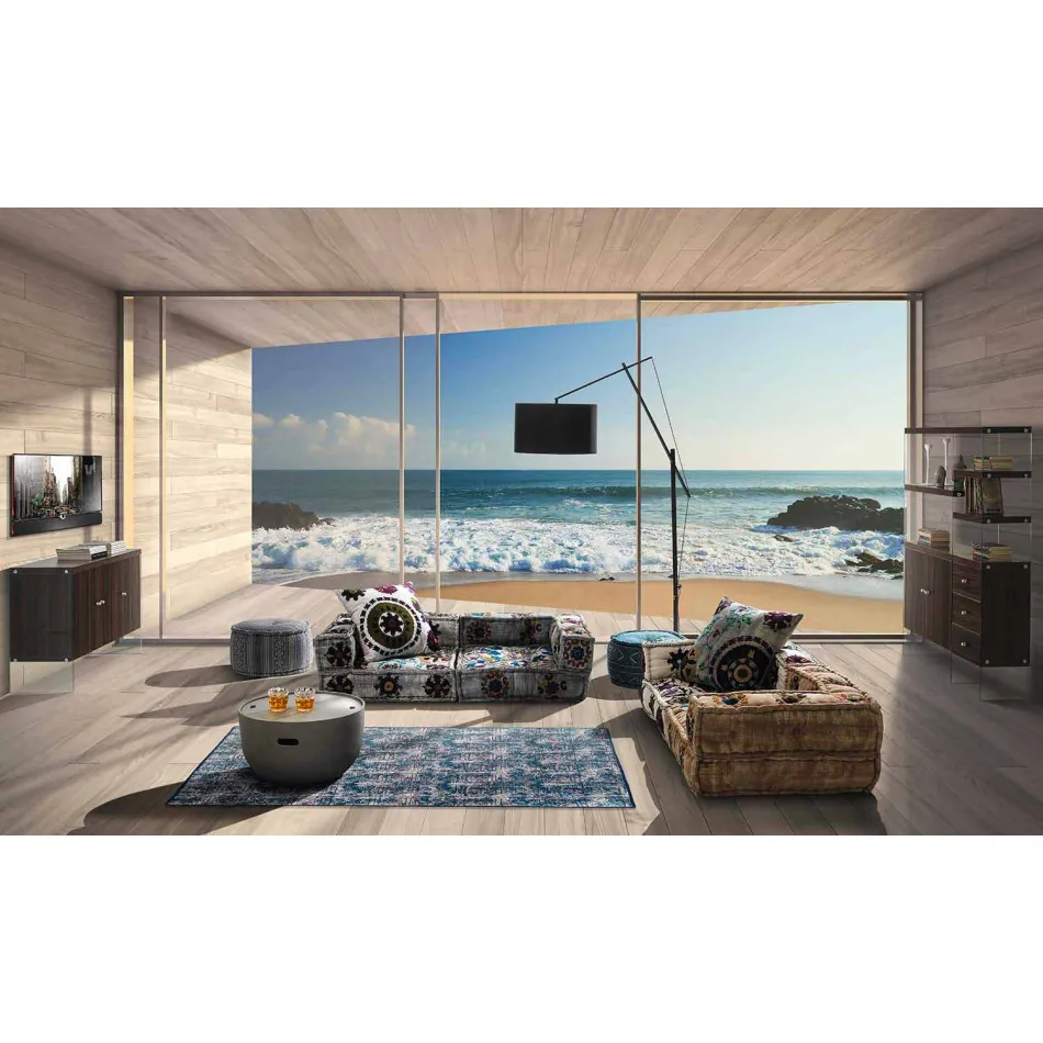 Rektangulær blå kilim bomuldstæppe med farvet patchwork - fiber Viadurini