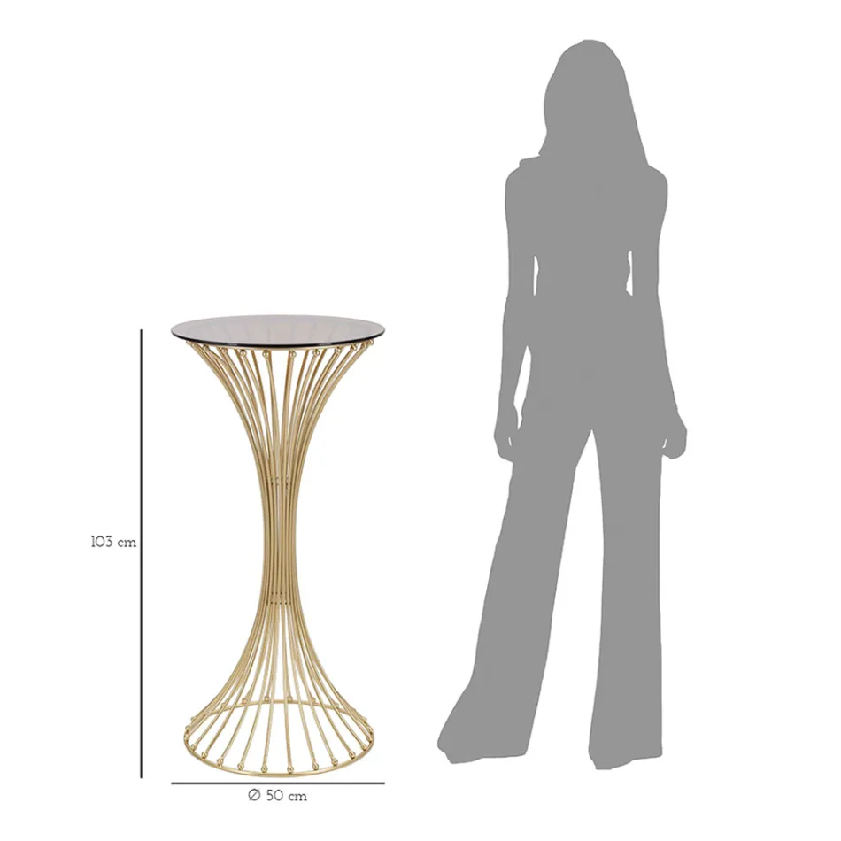 Rundt højt sofabord i gyldent jern med kugler og røget glasplade - Dexter Viadurini