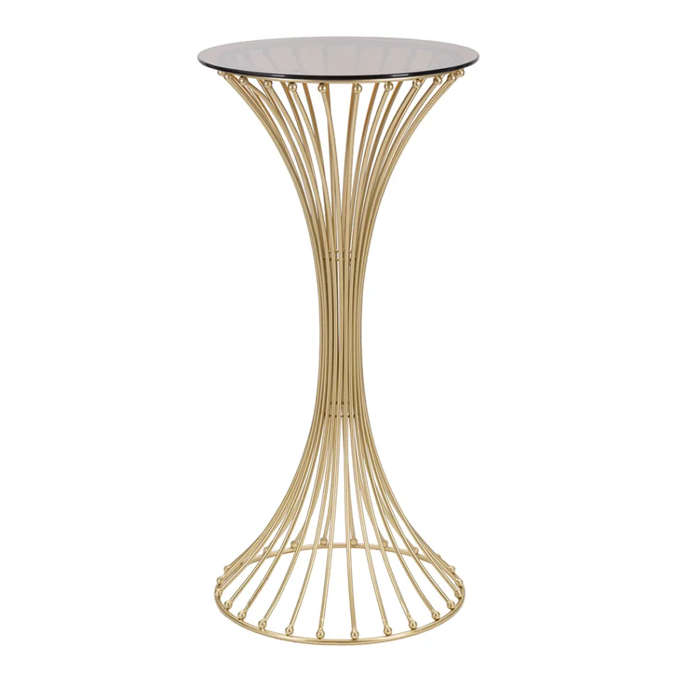 Rundt højt sofabord i gyldent jern med kugler og røget glasplade - Dexter Viadurini