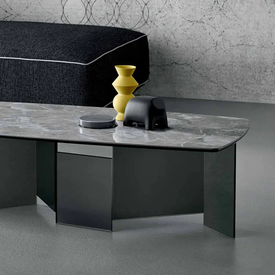 Lav sofabord Stue Keramisk top og røget glasben 3 størrelser - tilfældige Viadurini