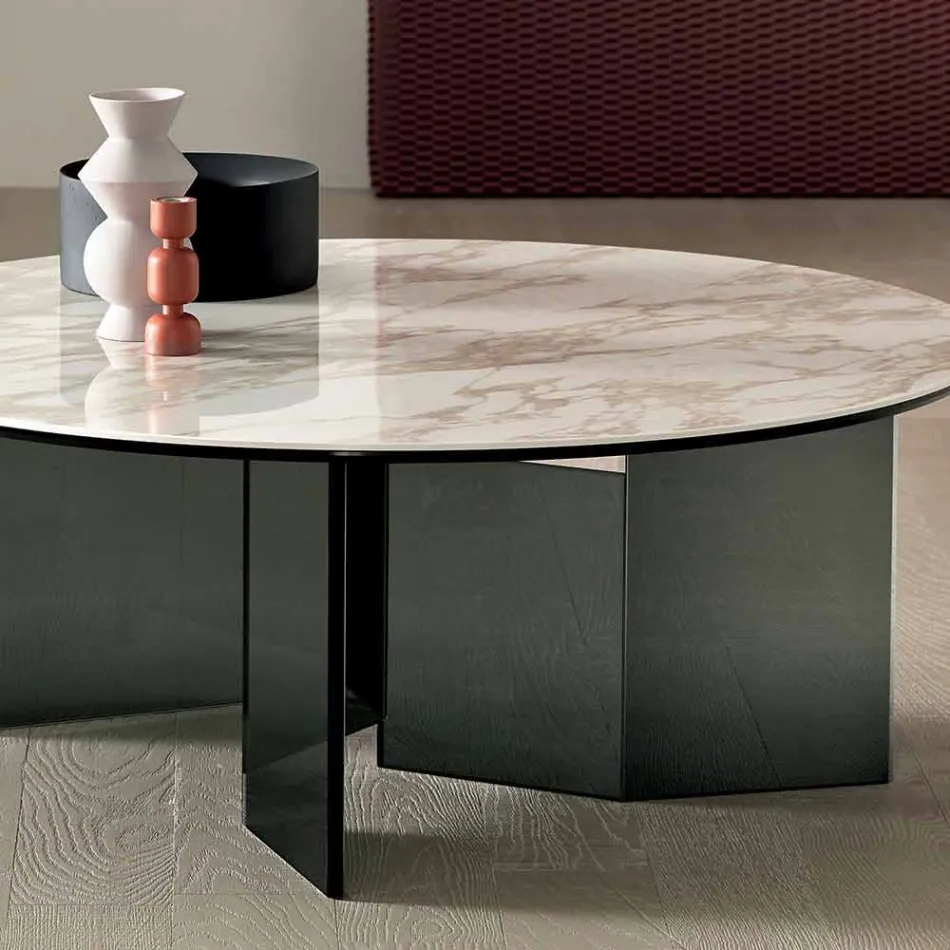 Rundt sofabord med keramisk top og røget glasben - tilfældigt Viadurini