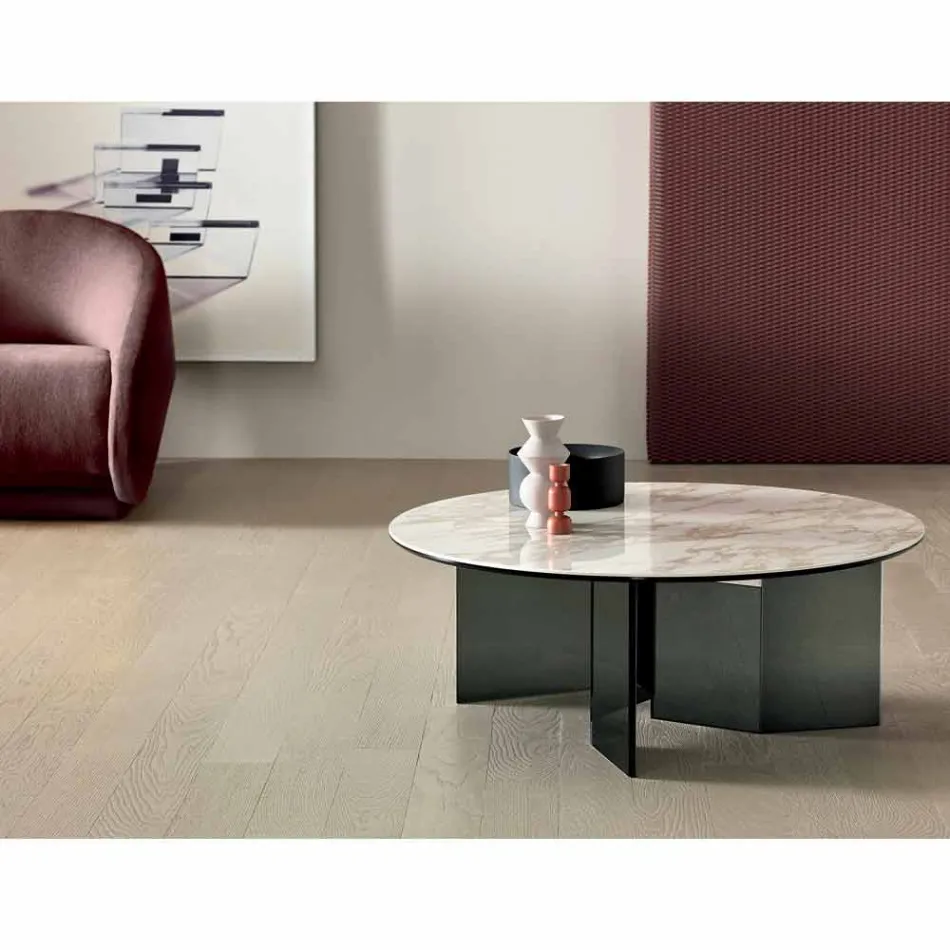 Rundt sofabord med keramisk top og røget glasben - tilfældigt Viadurini