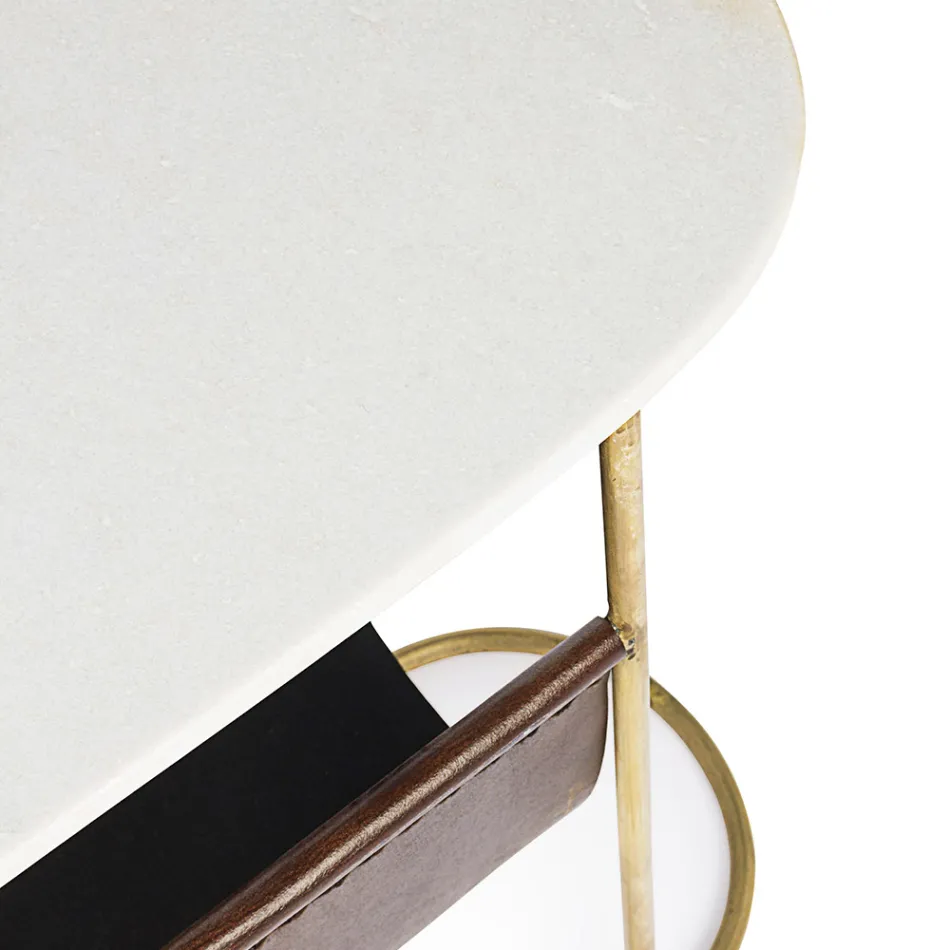 Sofabord i stål og marmor med lædermagasinhylde - Aretone Viadurini