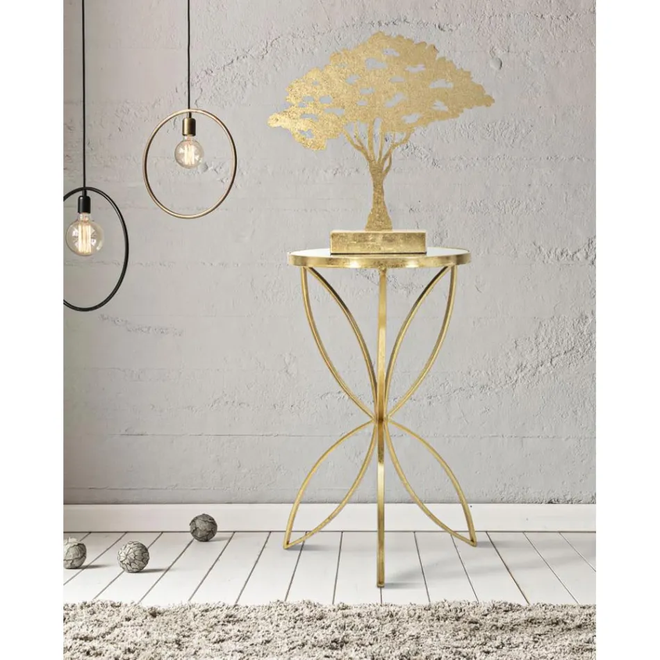 Sofabord i forgyldt jern med rund spejlplade - Umari Viadurini