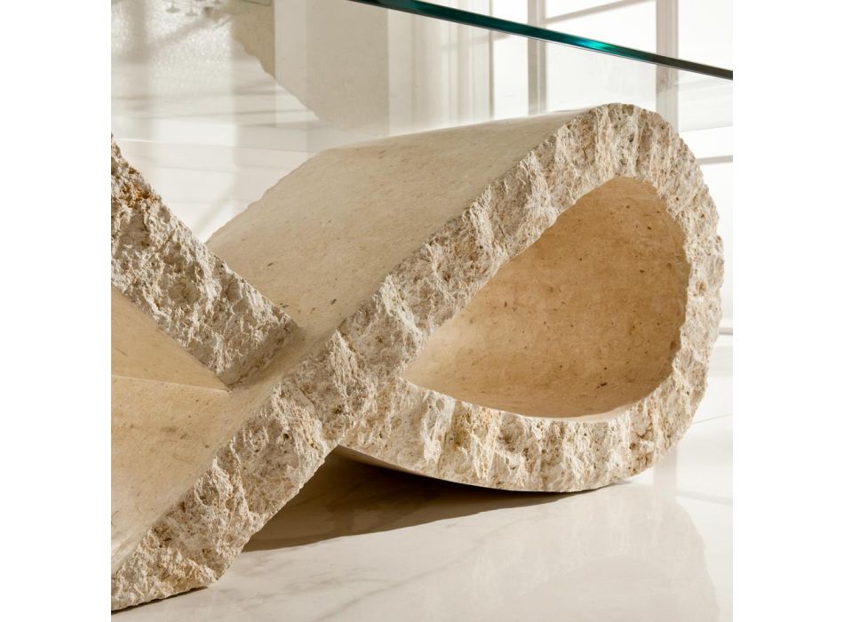 Fossil Stone sofabord med gennemsigtig glasplade - Kansas Viadurini