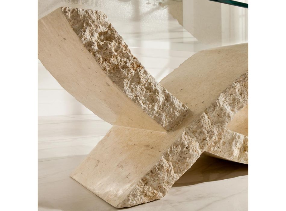 Fossil Stone sofabord med gennemsigtig glasplade - Kansas Viadurini