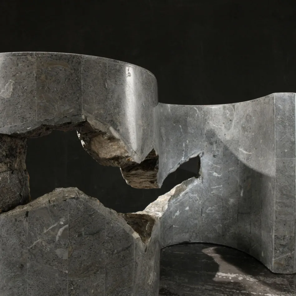 Sofabord i hærdet glas med Fossil Stone Base - Jordan Viadurini