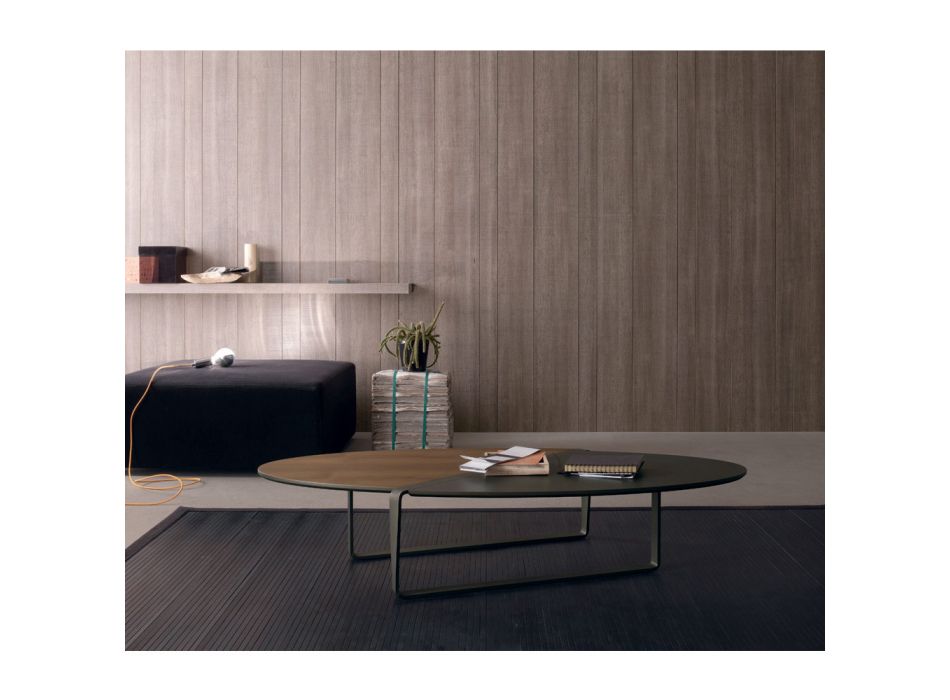 Ovalt sofabord i metal og tofarvet træplade - Comacchio Viadurini