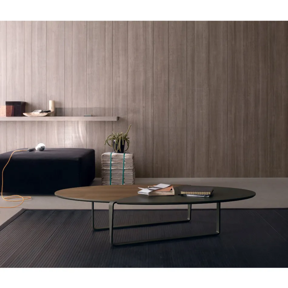 Ovalt sofabord i metal og tofarvet træplade - Comacchio Viadurini