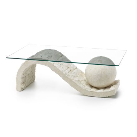 Stue Sofabord Glasplade med Fossil Stone Base - Kugle Viadurini
