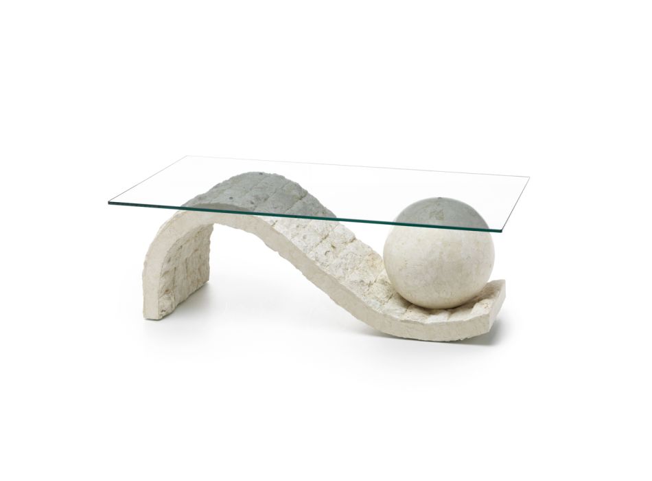Stue Sofabord Glasplade med Fossil Stone Base - Kugle Viadurini