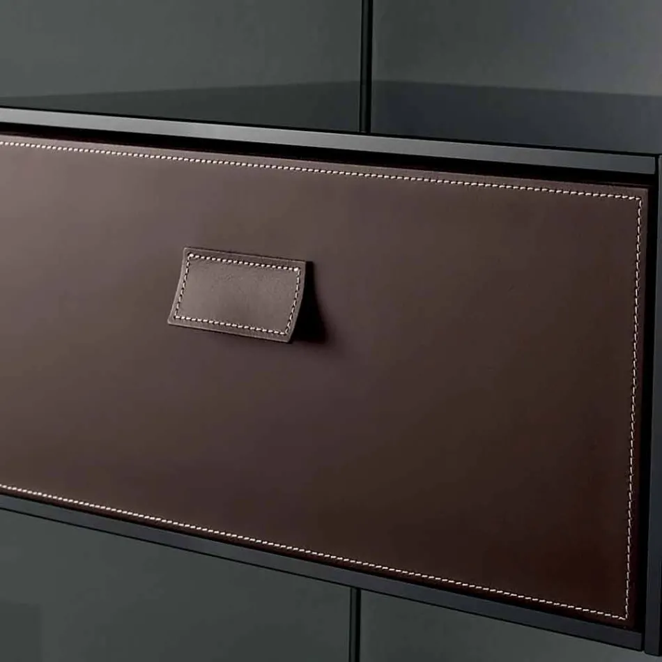 Sofa sidebord eller sengebord i røget glas med læderskuffe - Linzy Viadurini