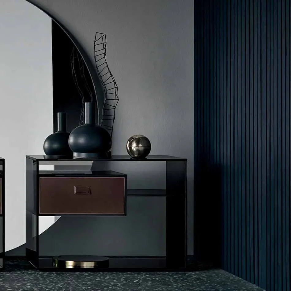 Sofa sidebord eller sengebord i røget glas med læderskuffe - Linzy Viadurini