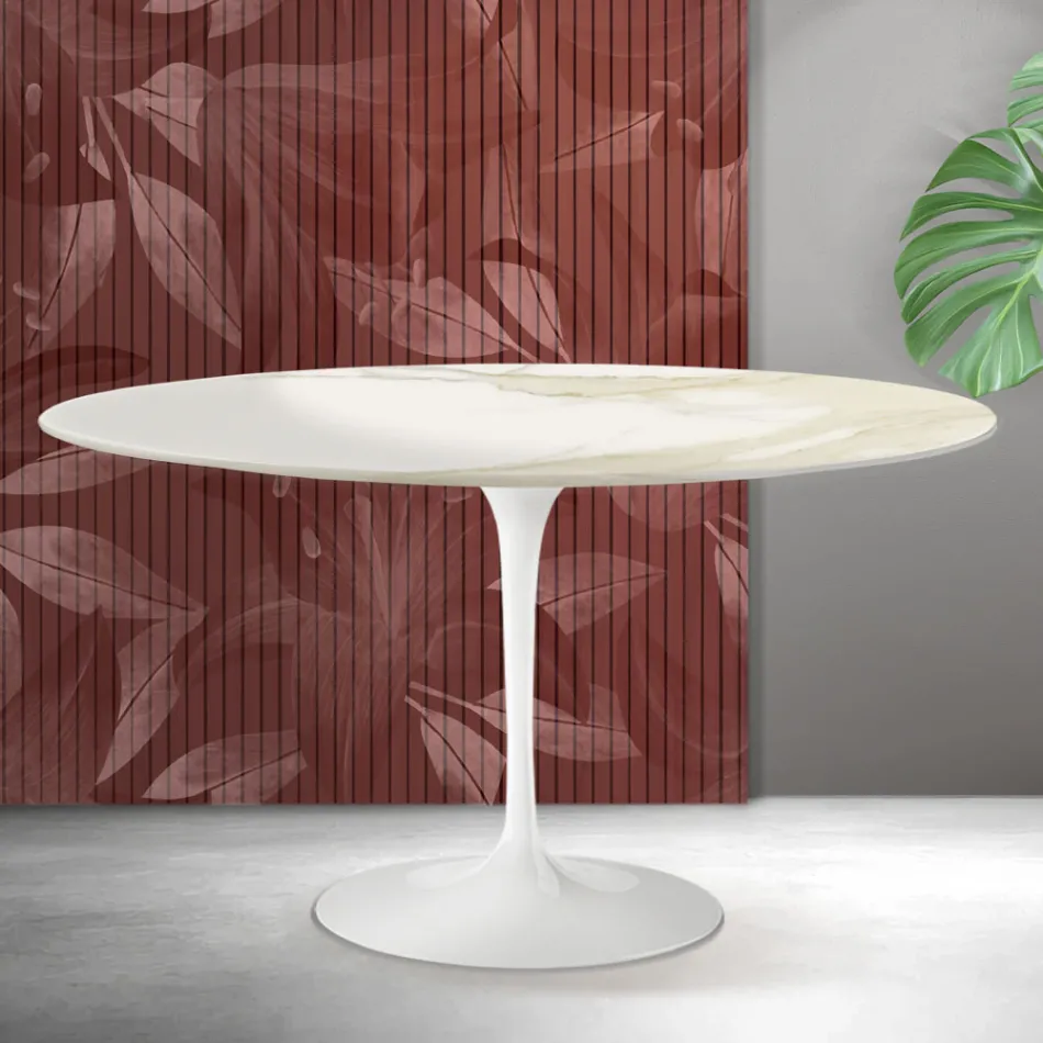 Saarinen Tulip ovalt sofabord H 41 cm i Florim Calacatta guld mat keramik - skarlagenrød Viadurini
