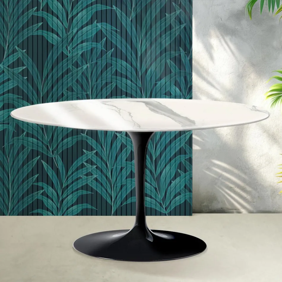 Saarinen Tulip ovalt sofabord H 41 cm i blank Statuario Florim keramik - skarlagenrød Viadurini