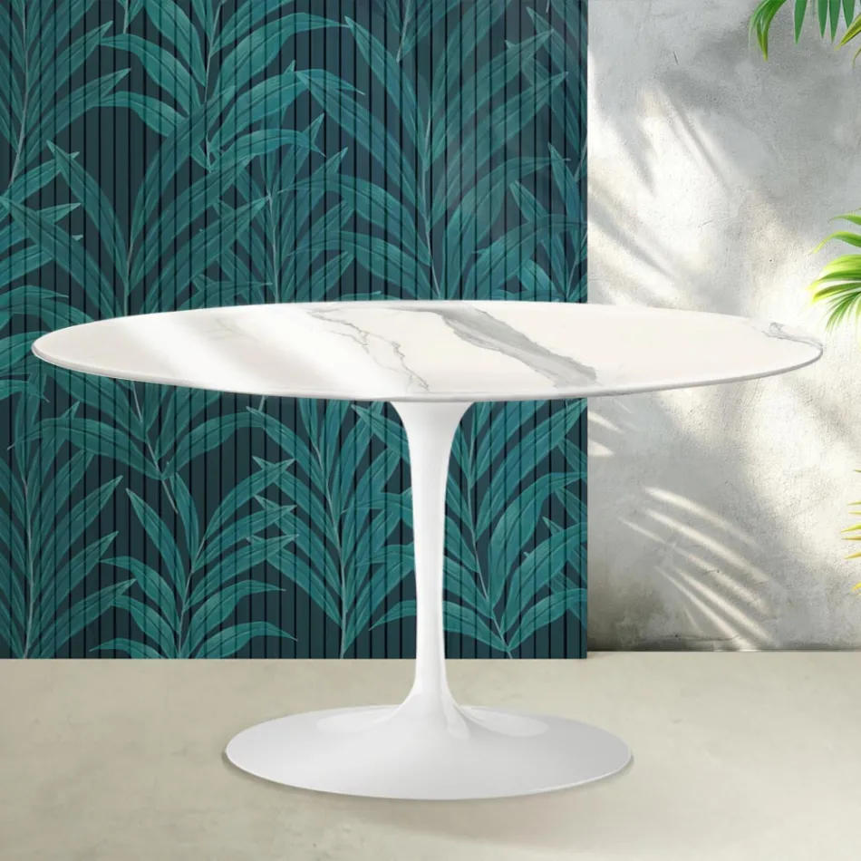 Saarinen Tulip ovalt sofabord H 41 cm i blank Statuario Florim keramik - skarlagenrød Viadurini