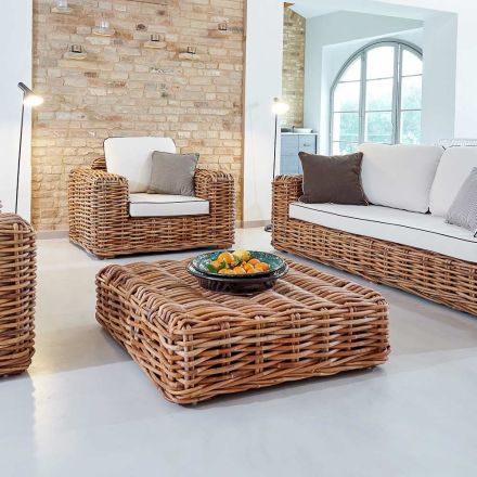 Have sofabord-puf i naturlig rattan med pude inkluderet - Keira Viadurini