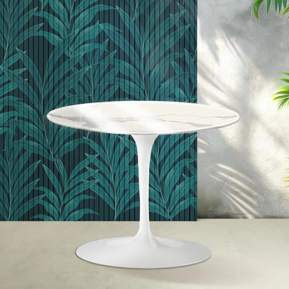 Saarinen Tulip rundt sofabord H 41 cm i blank Statuario Florim keramik - skarlagenrød Viadurini