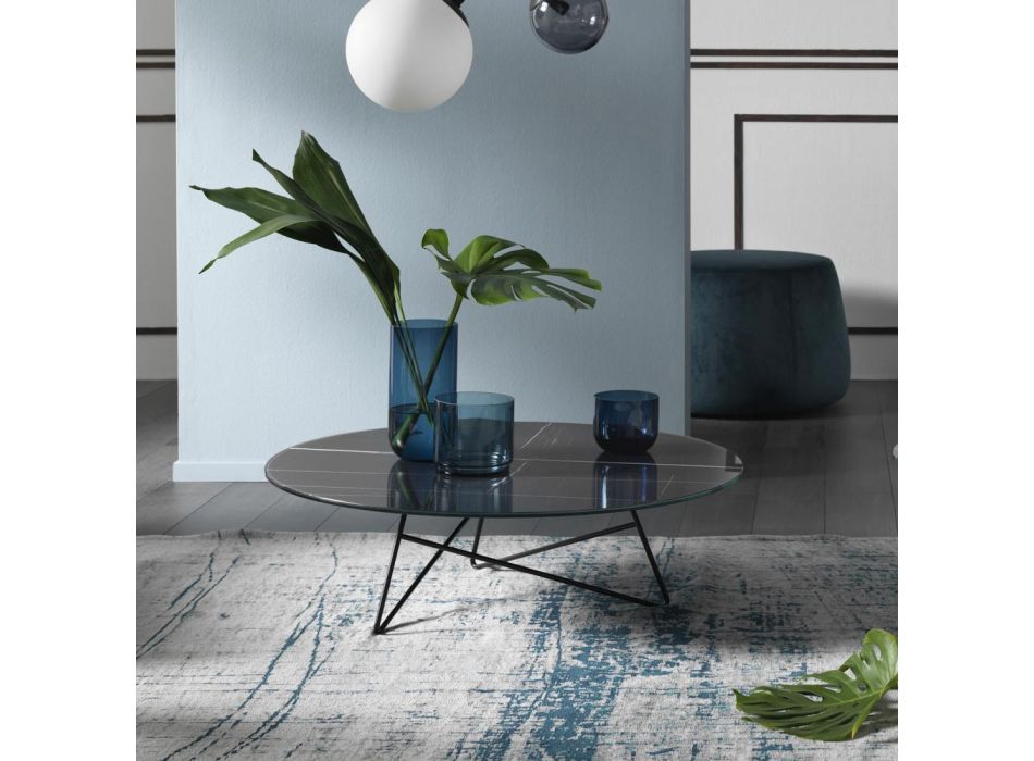 Rundt stue sofabord i luksus marmoreffekt metal og glas - Magali Viadurini