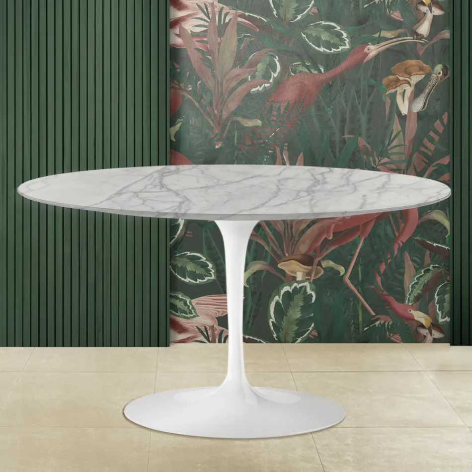 Tulip sofabord Eero Saarinen H 41 med oval plade i Carrara Statuarietto marmor Viadurini