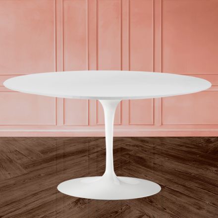 Tulip sofabord Eero Saarinen H 41 Oval med hvid flydende laminat - Scarlet Top Viadurini