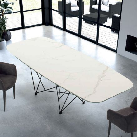Moderne tøndeformet bord i hypermarmor og stål lavet i Italien – Ezzellino Viadurini