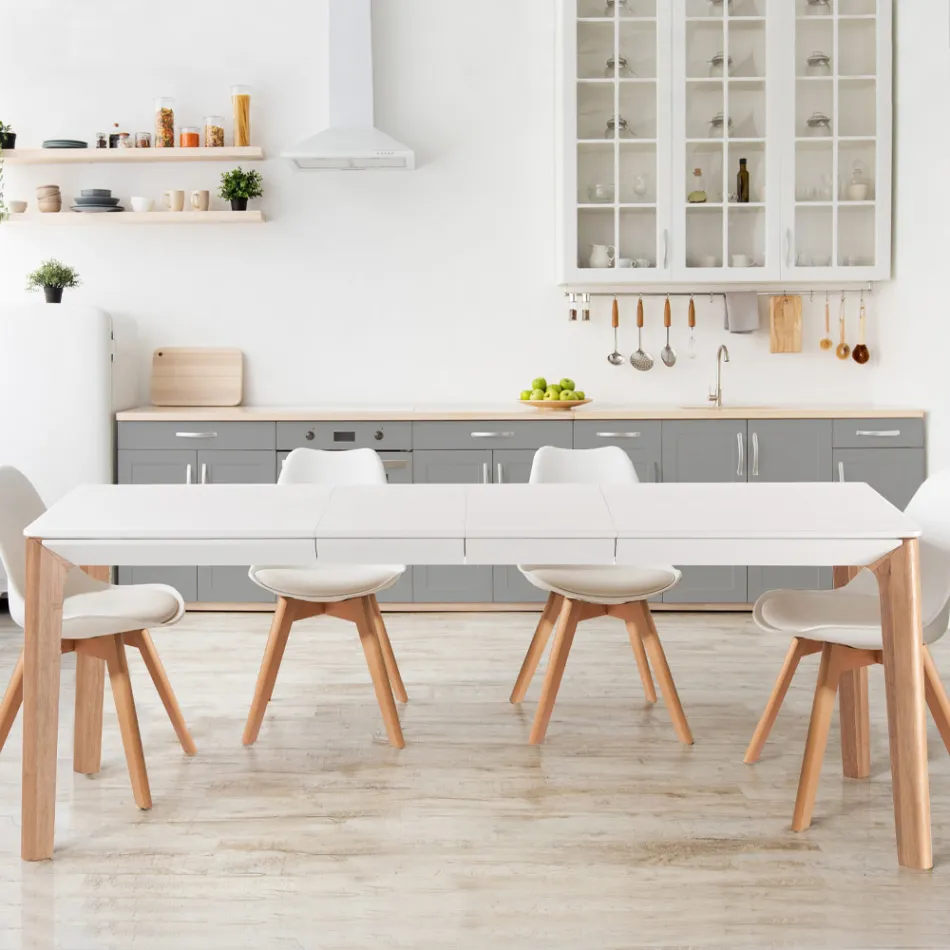 Udtrækkeligt bord til 180 cm med massiv eg og ruthenium farvede træben Viadurini