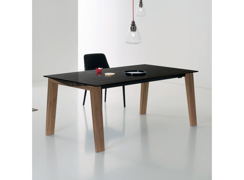 Udtrækkeligt bord til 2,4 m i massivt træ og keramisk plade - Antares Viadurini