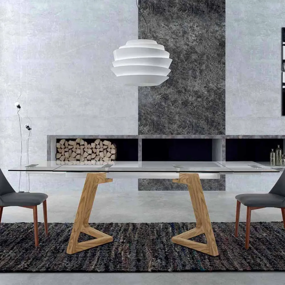 Udtrækbart bord op til 280 cm i glas og fineret træ – Eugrafo Viadurini