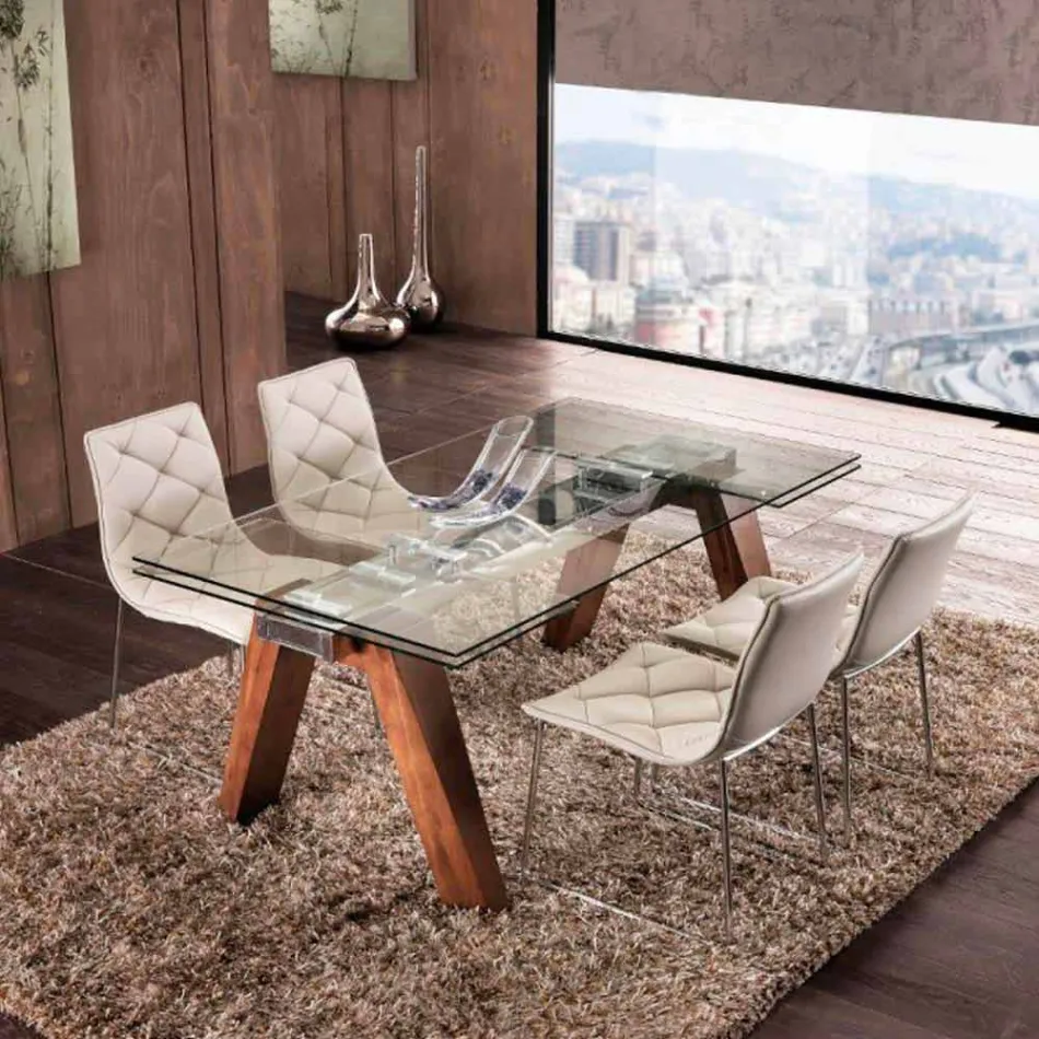 Udtrækkeligt bord i massivt træ og hærdet glas i Tchad Viadurini