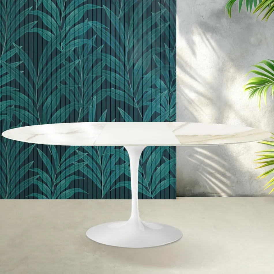 Saarinen Tulip udtræksbord H 74 cm i Florim Calacatta guldglans keramik - skarlagenrød Viadurini