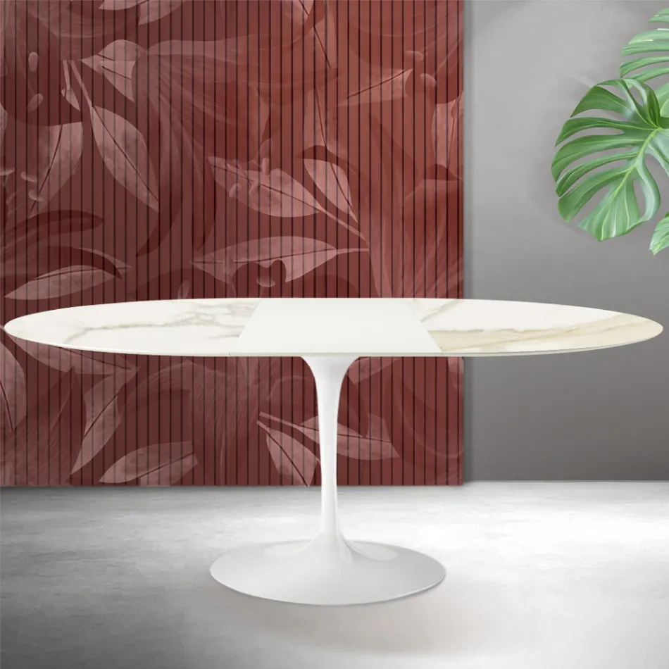 Saarinen Tulip udtræksbord H 74 cm i Florim Calacatta guld mat keramik - skarlagenrød Viadurini