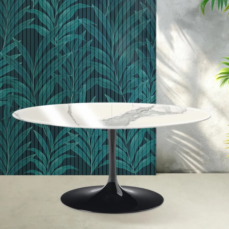 Saarinen Tulip udtræksbord H 74 cm i blank Statuario Florim keramik - Skarlagenrød Viadurini