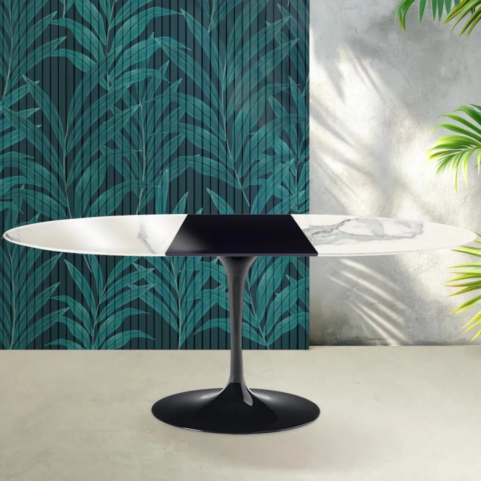 Saarinen Tulip udtræksbord H 74 cm i blank Statuario Florim keramik - Skarlagenrød Viadurini