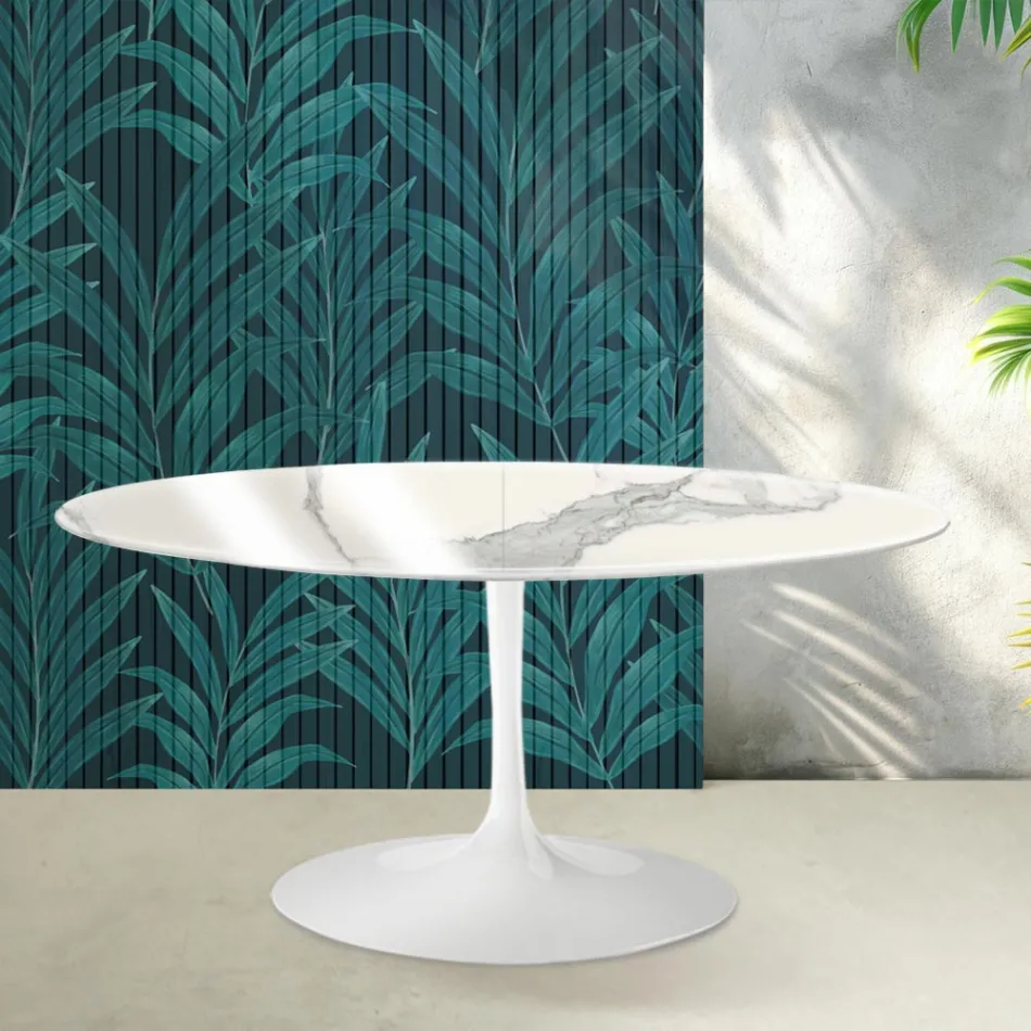 Saarinen Tulip udtræksbord H 74 cm i blank Statuario Florim keramik - Skarlagenrød Viadurini