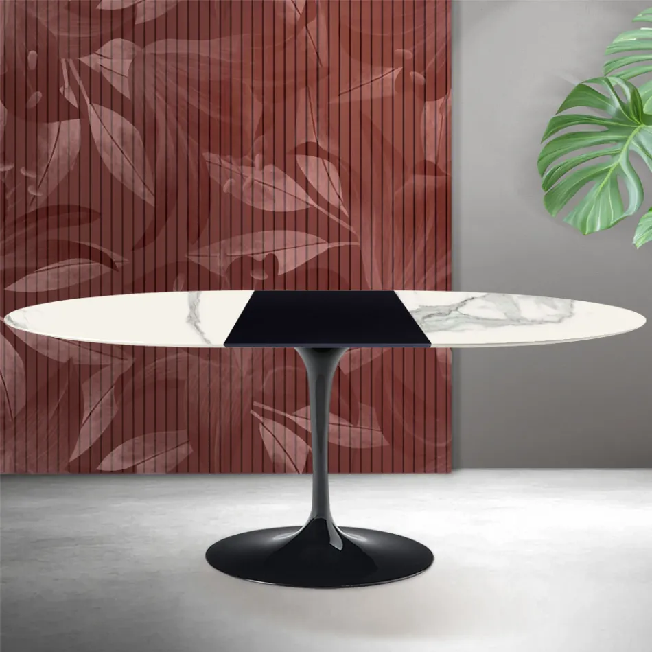 Saarinen Tulip udtræksbord H 74 cm i Florim Statuario mat keramik - skarlagenrød Viadurini