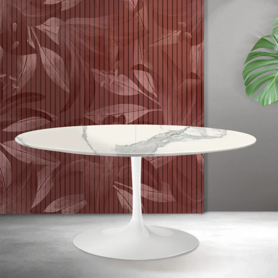 Saarinen Tulip udtræksbord H 74 cm i Florim Statuario mat keramik - skarlagenrød Viadurini
