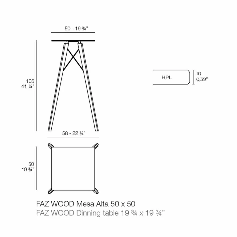 Firkantet design højt stangbord i træ og Hpl, 4 stykker - Faz Wood af Vondom Viadurini