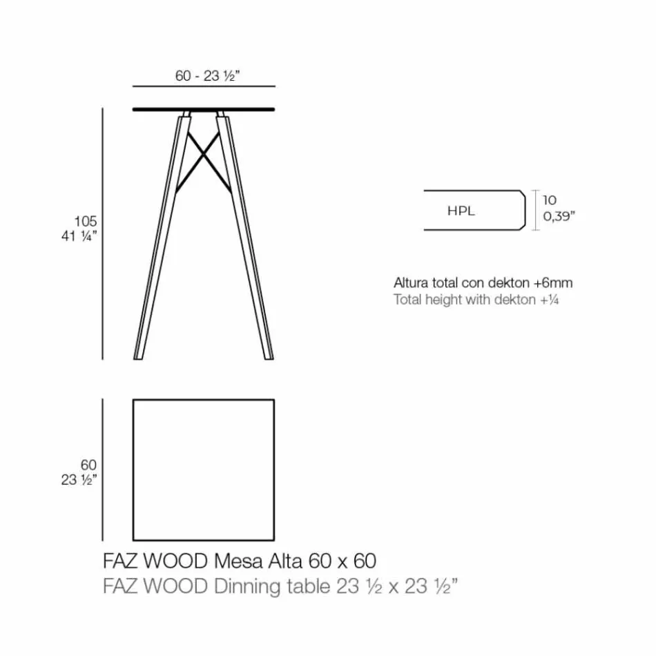 Firkantet design højt stangbord i træ og Hpl, 4 stykker - Faz Wood af Vondom Viadurini