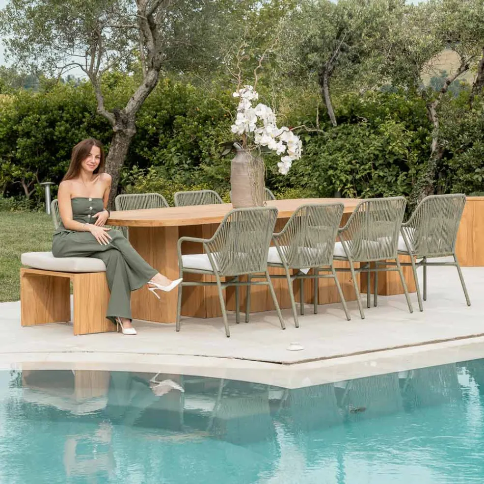 Bord med børstet teakplade og afrundede hjørner - Destination Viadurini