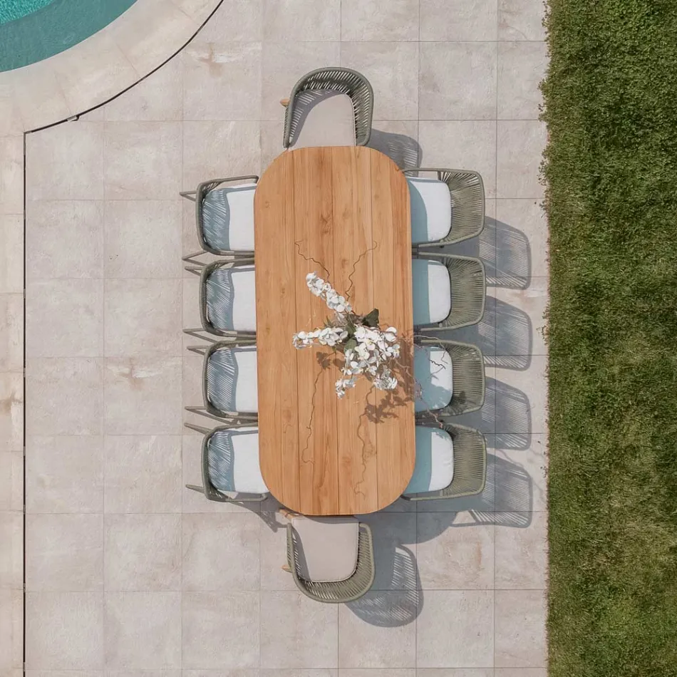 Bord med børstet teakplade og afrundede hjørner - Destination Viadurini