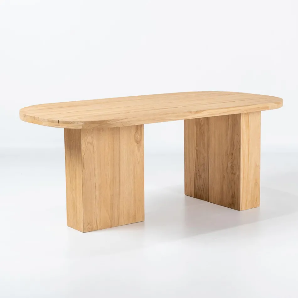 Bord med børstet teakplade og afrundede hjørner - Destination Viadurini